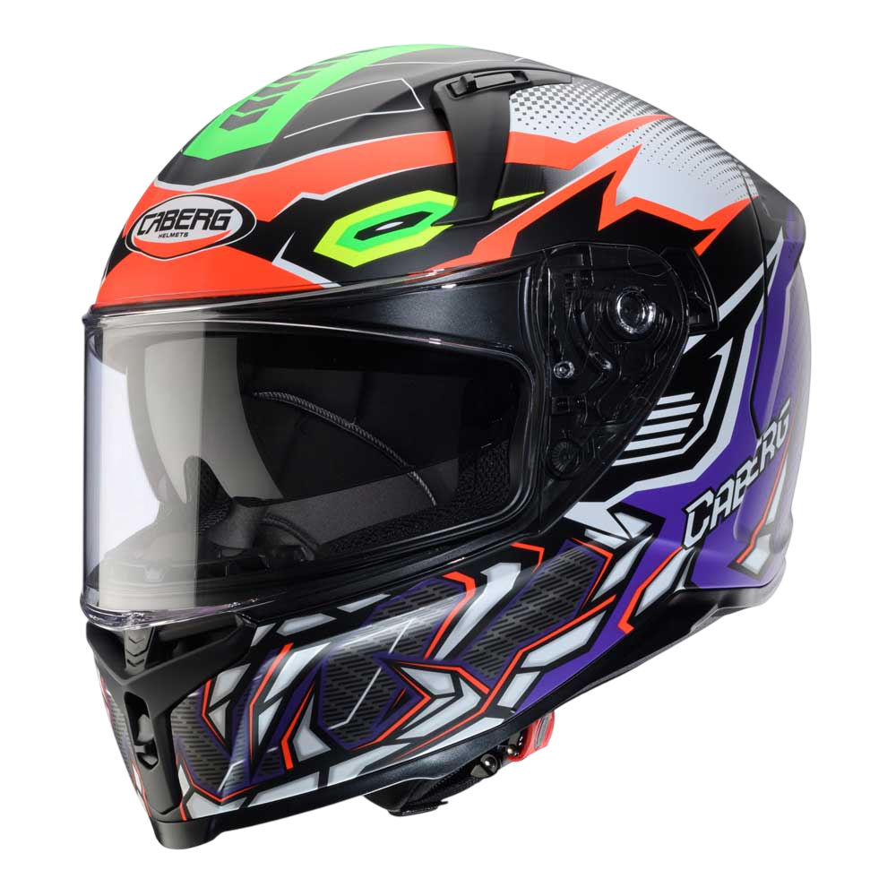 colorful motorcycle helmet with orange green, black and purple details on the caberg avalon x gurkha full face helmet