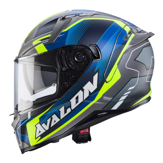 side of caberg uk helmet with blue and yellow graphics on full face helmet