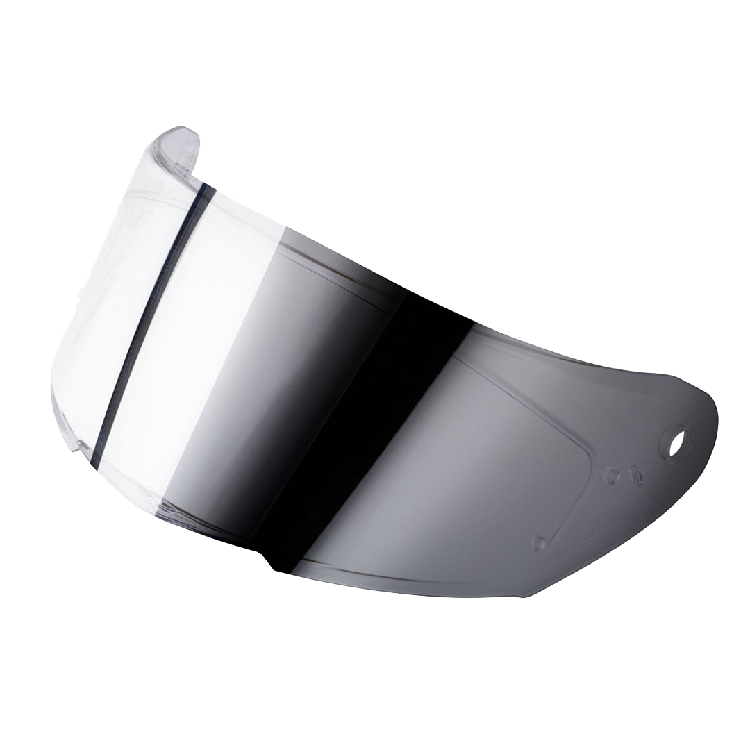 A silver tinted visor for a motorcycle helmet, angled to show the profile view.
