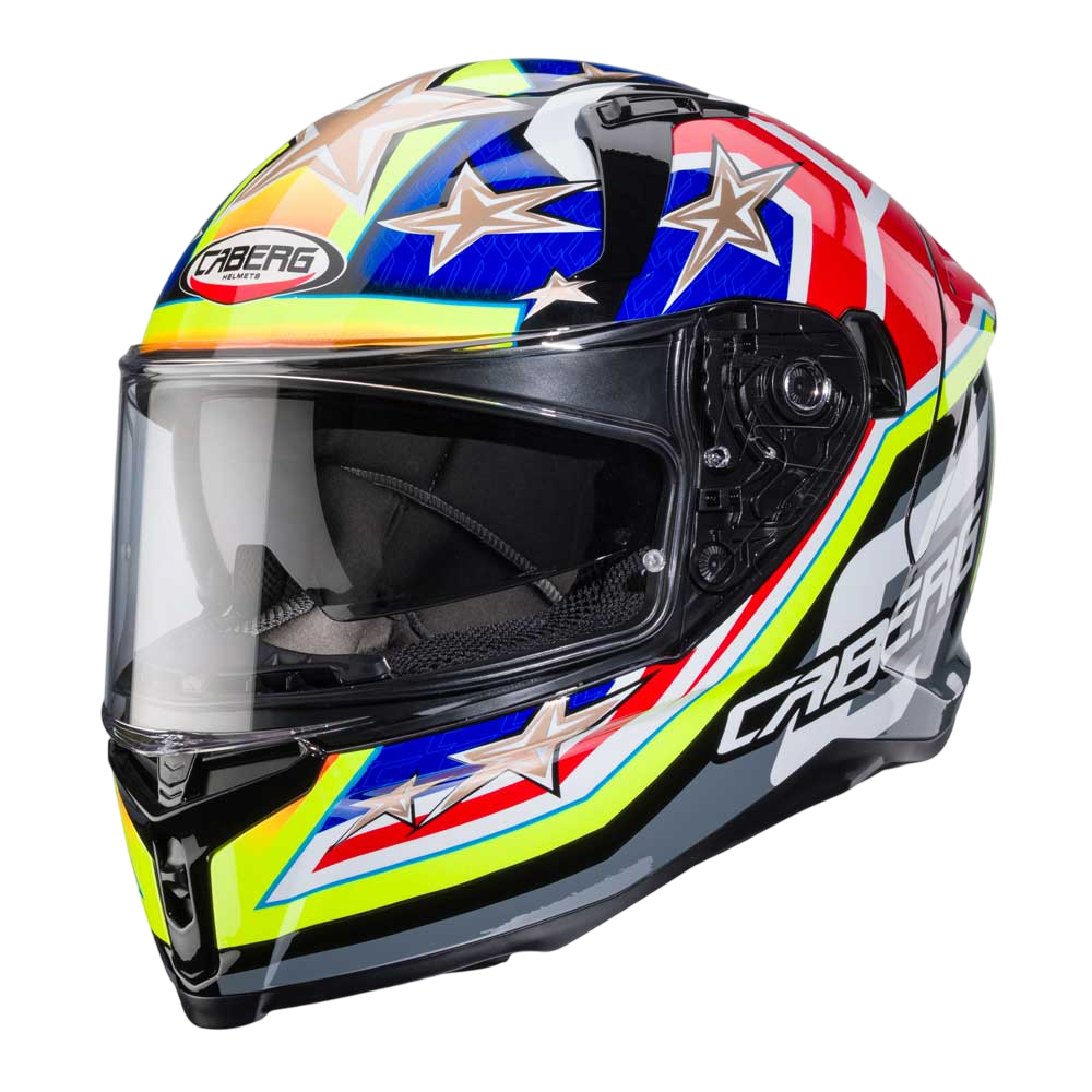 Avalon x caberg motorbike helmet in yellow red and blue for men and women with stars