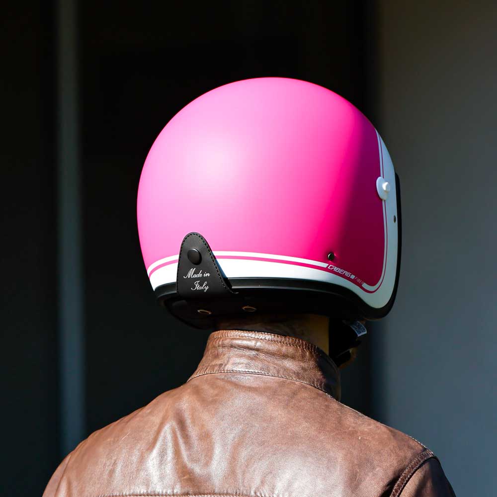 back of matte pink motorbike helmet for men and women with white border design