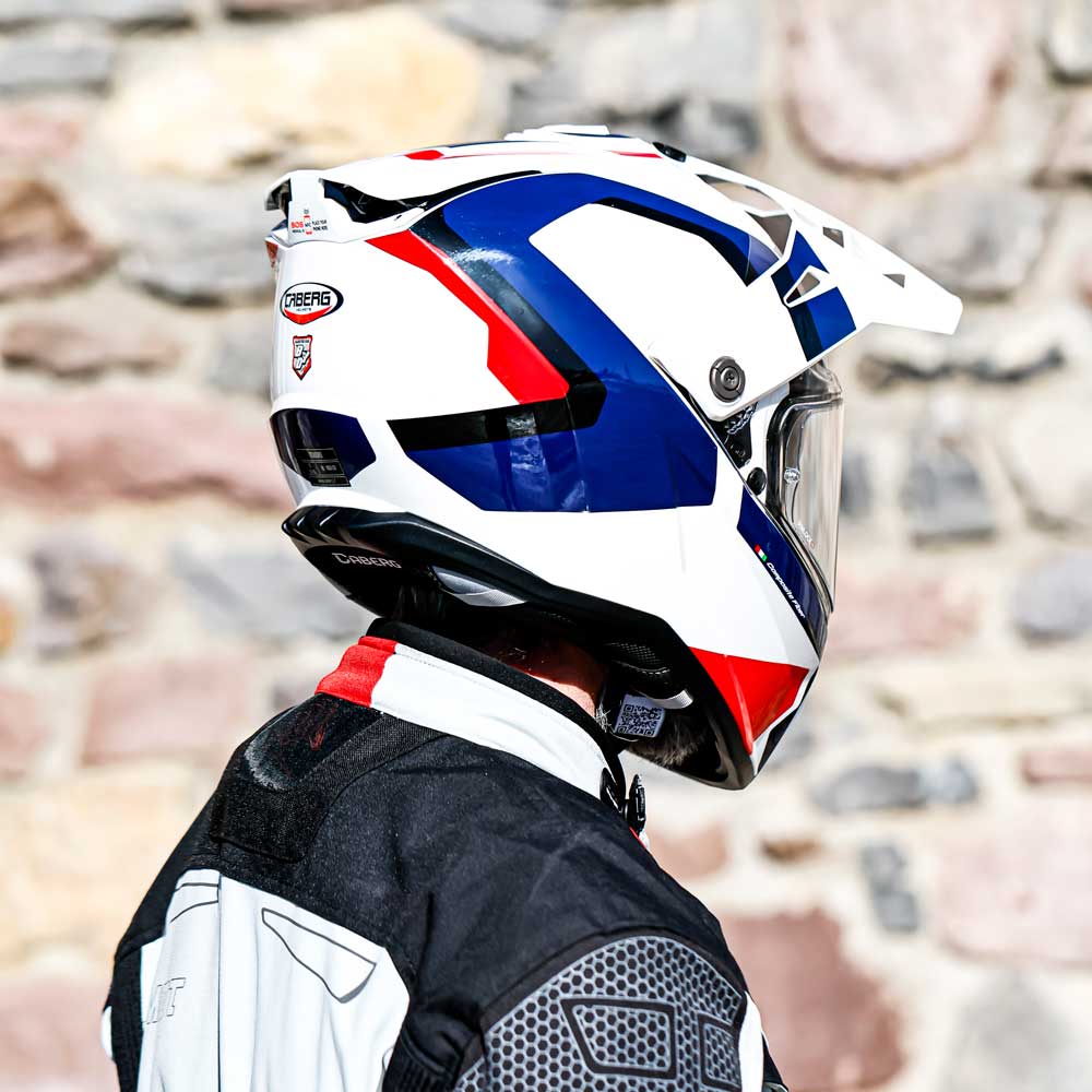 back of biker wearing caberg tanami full face biker helmet