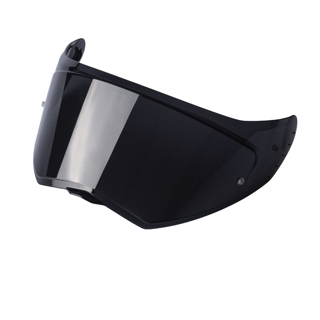 A clear motorcycle helmet visor with attachment points for mounting on a helmet.