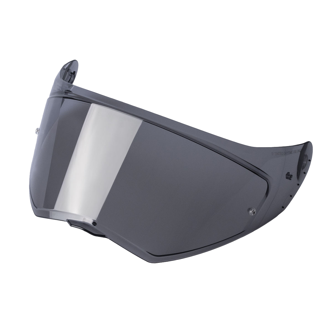 A clear motorcycle helmet visor with attachment points for mounting on a helmet.