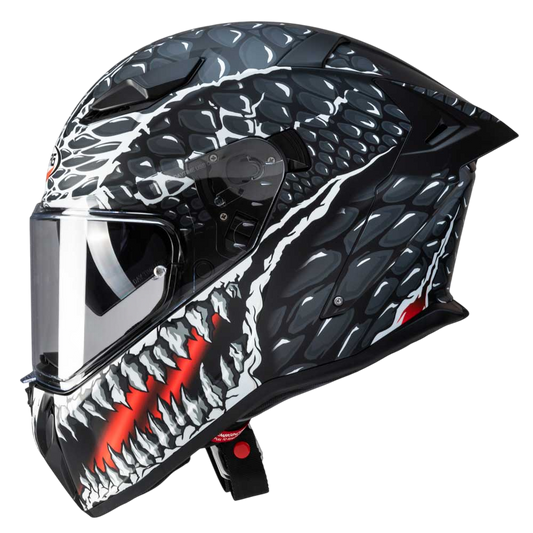 side view of black and white graphic full face motorbike helmet for men