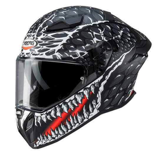 black and white motorbike helmet with graphic skull and teeth design