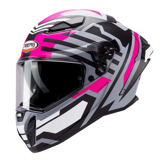 pink grey and black motorbike helmet for women with clear visor