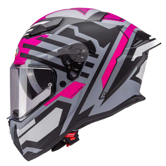 side view of women's grey black and pink motorbike helmet for female riders
