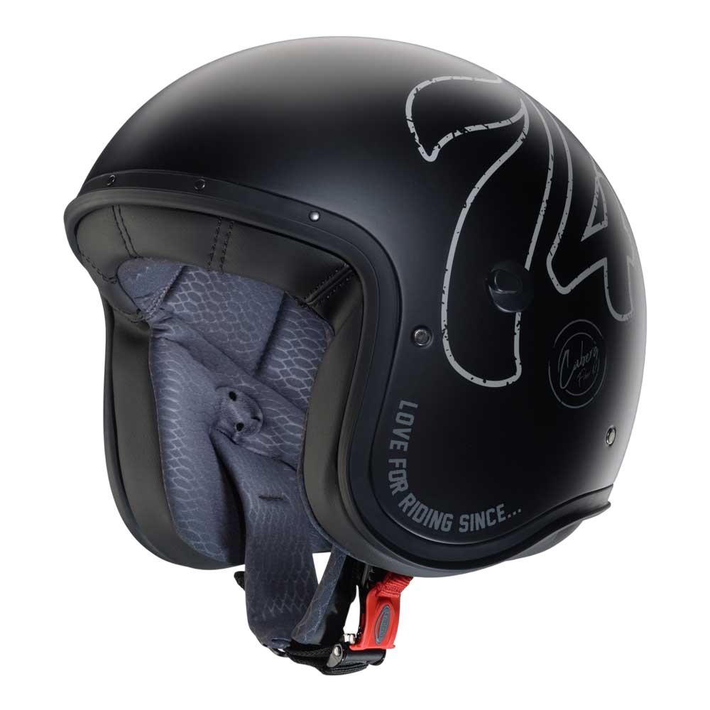 black open face motorbike helmet with 74 logo design on the side