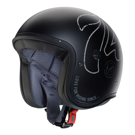 black open face motorbike helmet with 74 logo design on the side