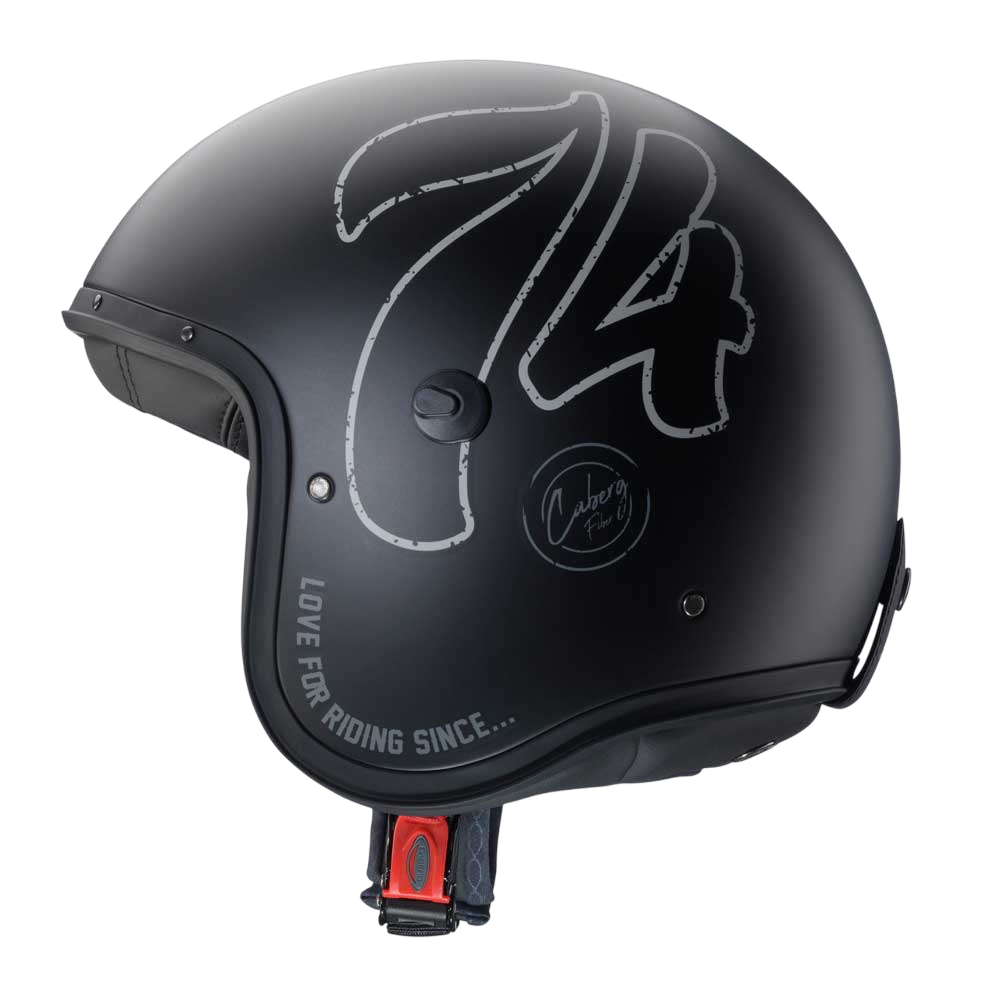 side view of black open face helmet with '74' design on the side