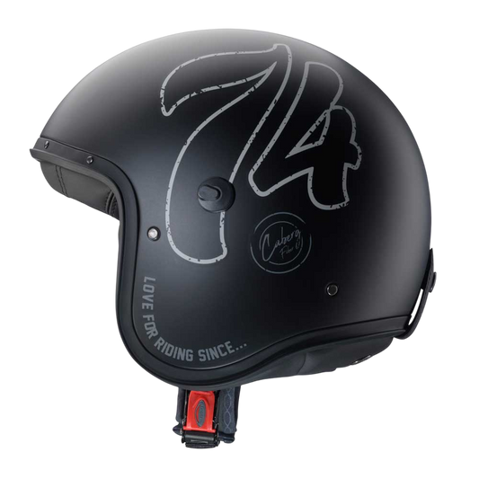 side view of black open face helmet with '74' design on the side