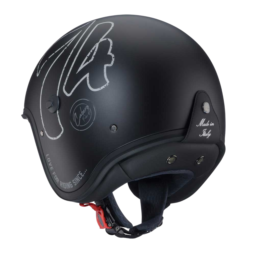 back of black open face helmet made in italy with 74 logo on the side