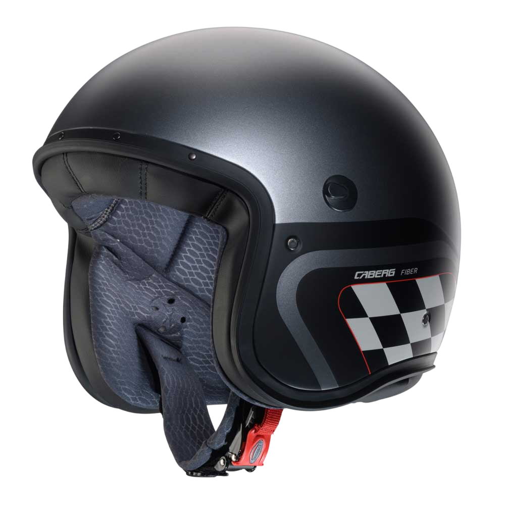 Freeride X Daytona gun metal open face motorbike helmet with black and white chequered design