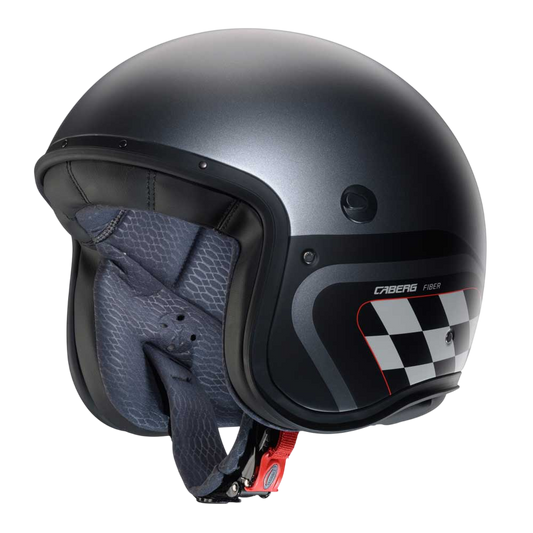 Freeride X Daytona gun metal open face motorbike helmet with black and white chequered design
