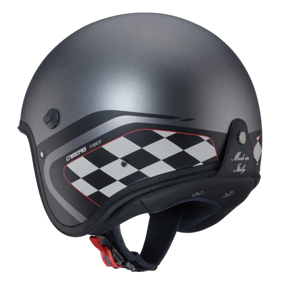 Gray motorcycle helmet with checkered design and made in italy tag