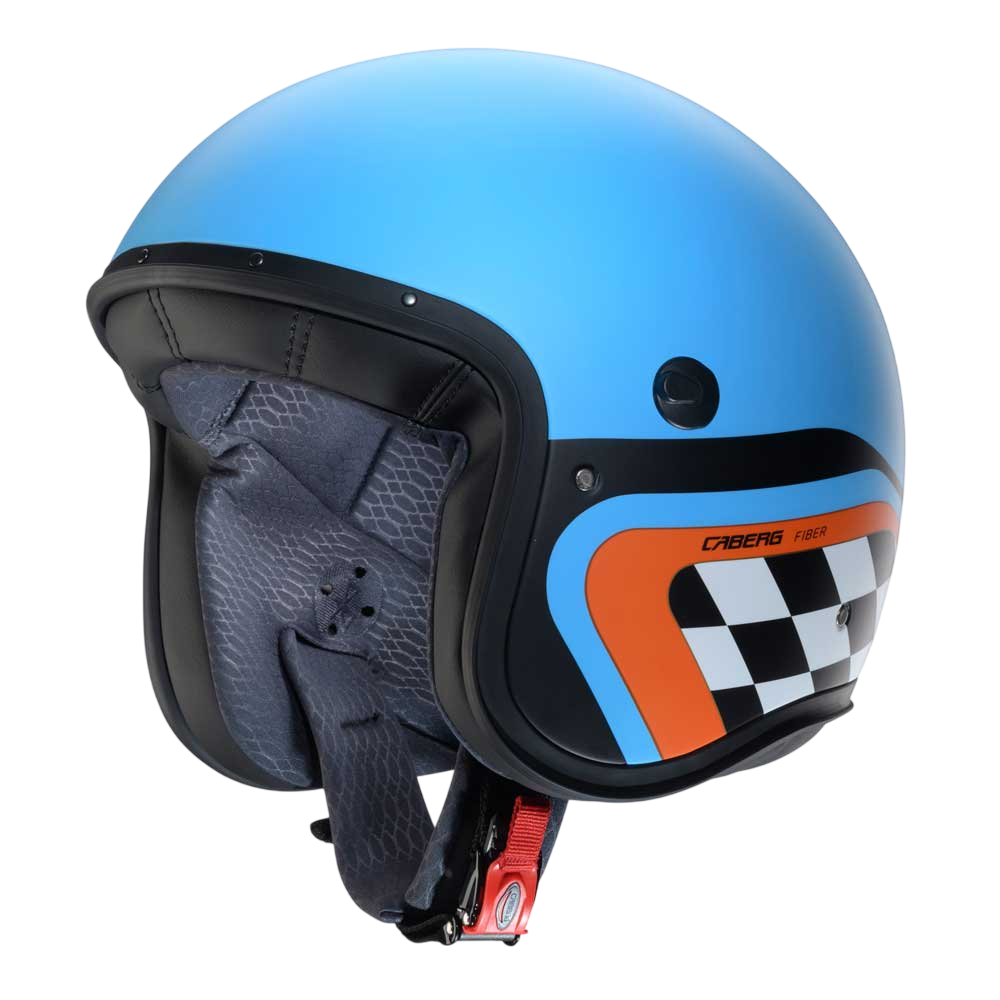 blue open face helmet with checkered design for men