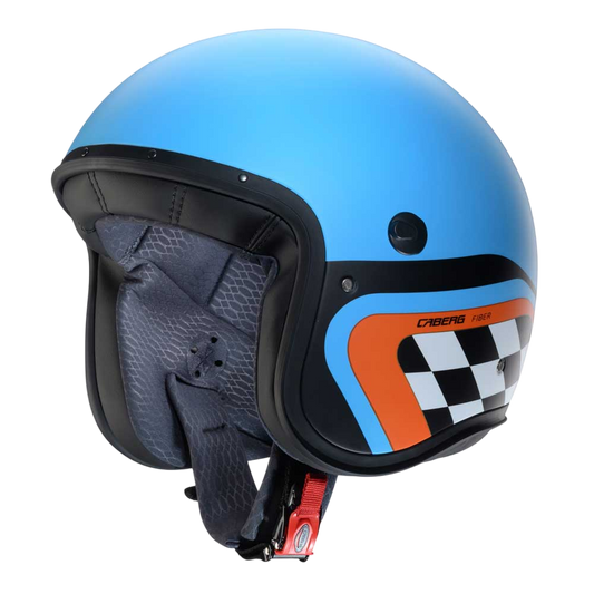 blue open face helmet with checkered design for men