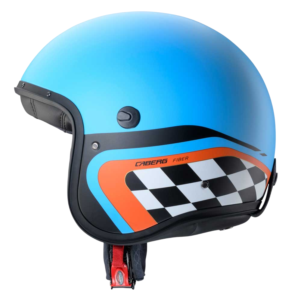 matte blue motorbike helmet with checkered pattern with caberg logo branding