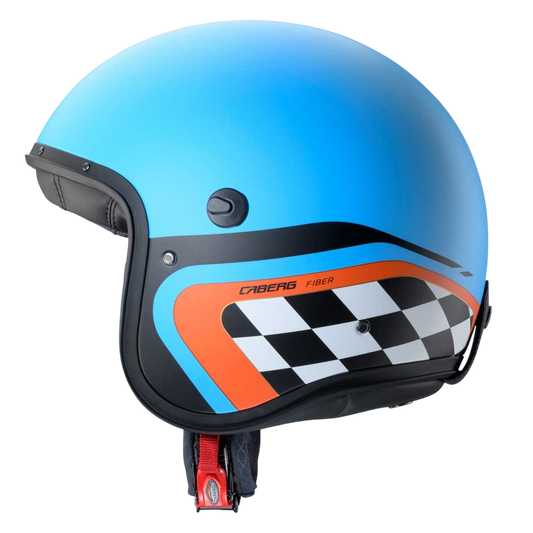 matte blue motorbike helmet with checkered pattern with caberg logo branding