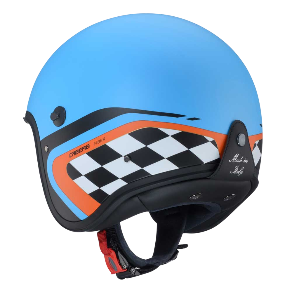 back of matte blue motorbike helmet for men and women with orange strip and black and white checkered design