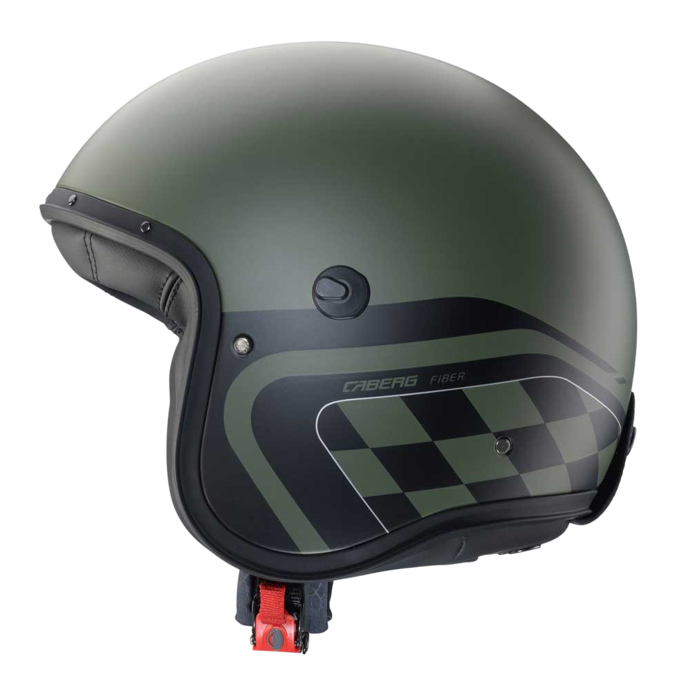 side view of matt green open face helmet with black chequered design on the side