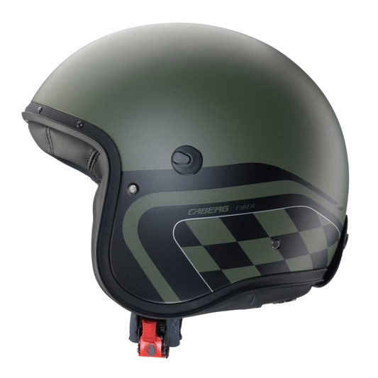 side view of matt green open face helmet with black chequered design on the side
