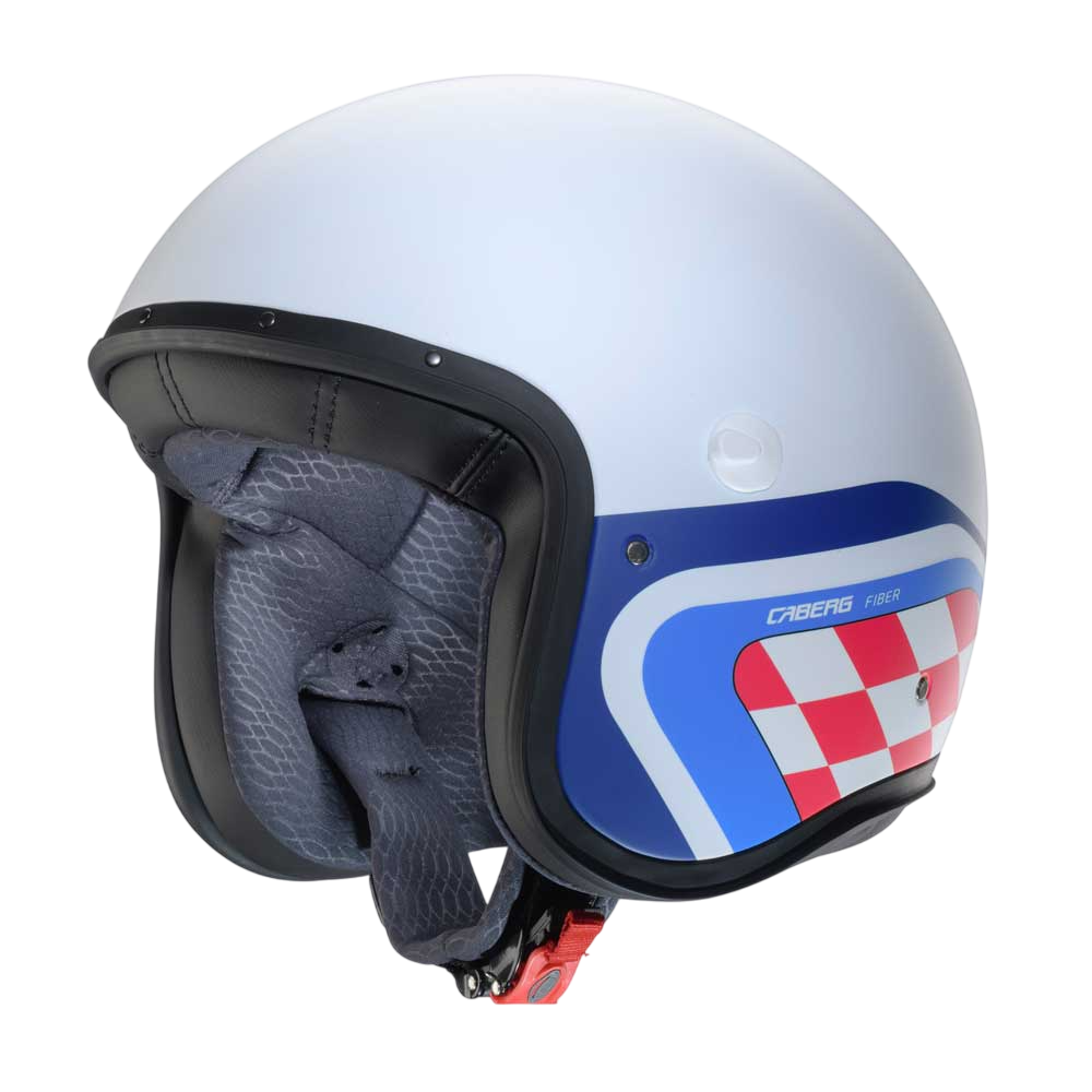 caberg freeride x matte white and blue open face motorbike helmet with white and red chequered design