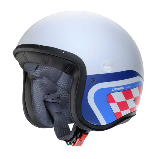 caberg freeride x matte white and blue open face motorbike helmet with white and red chequered design