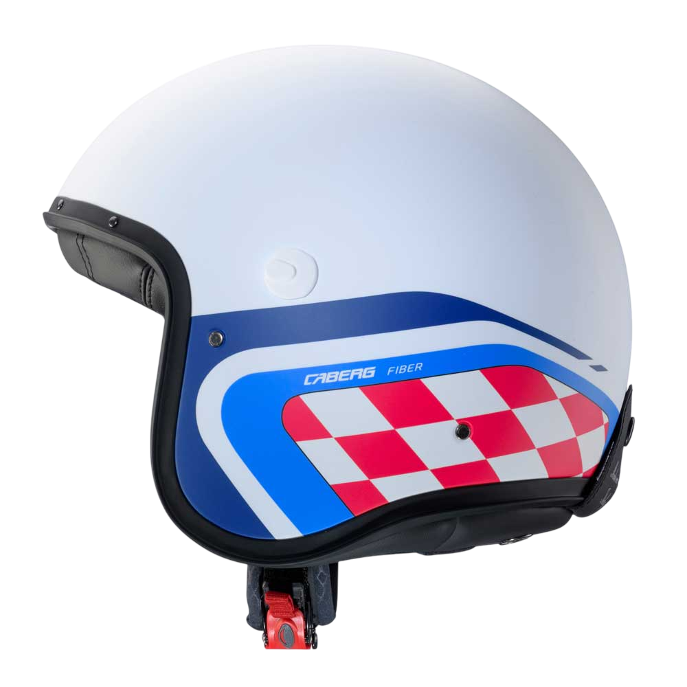 side of open face racer style motorbike helmet with red and white checkers