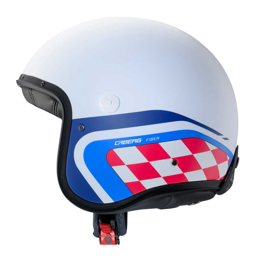 side of open face racer style motorbike helmet with red and white checkers