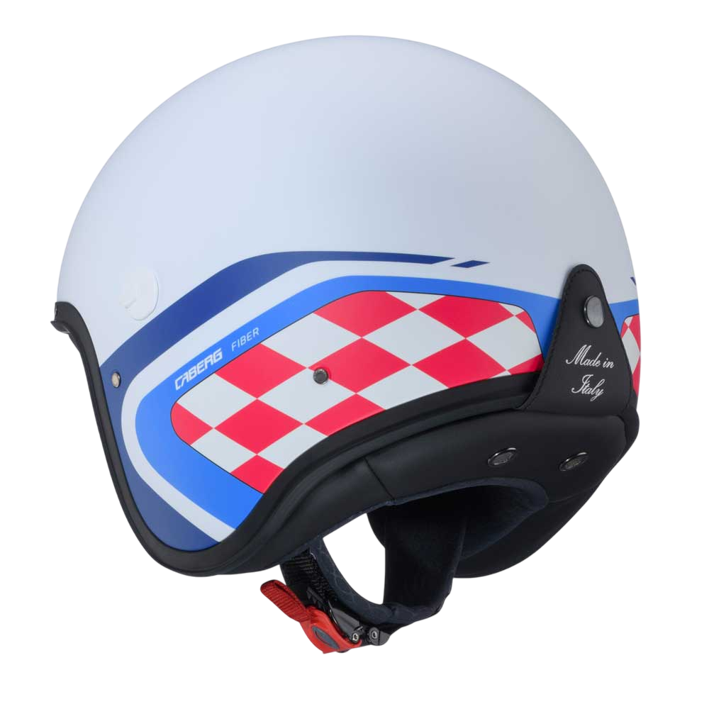 back of matte white open face helmet with made in italy tag and red and white chequered design