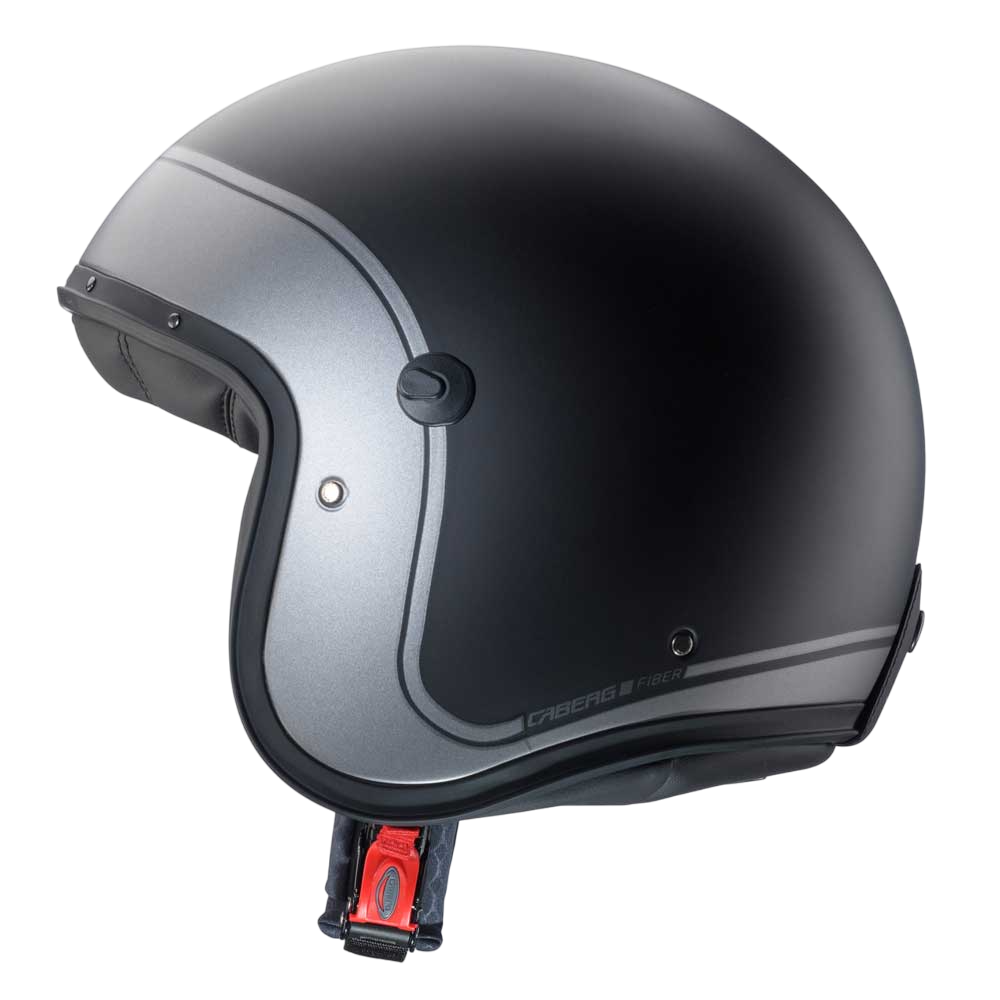 side of matte black open face helmet with gun metal border design