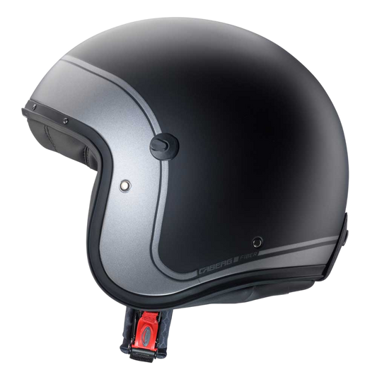 side of matte black open face helmet with gun metal border design