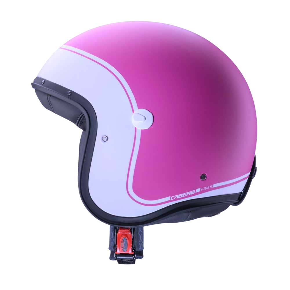 side view of matte pink open face helmet with white border design