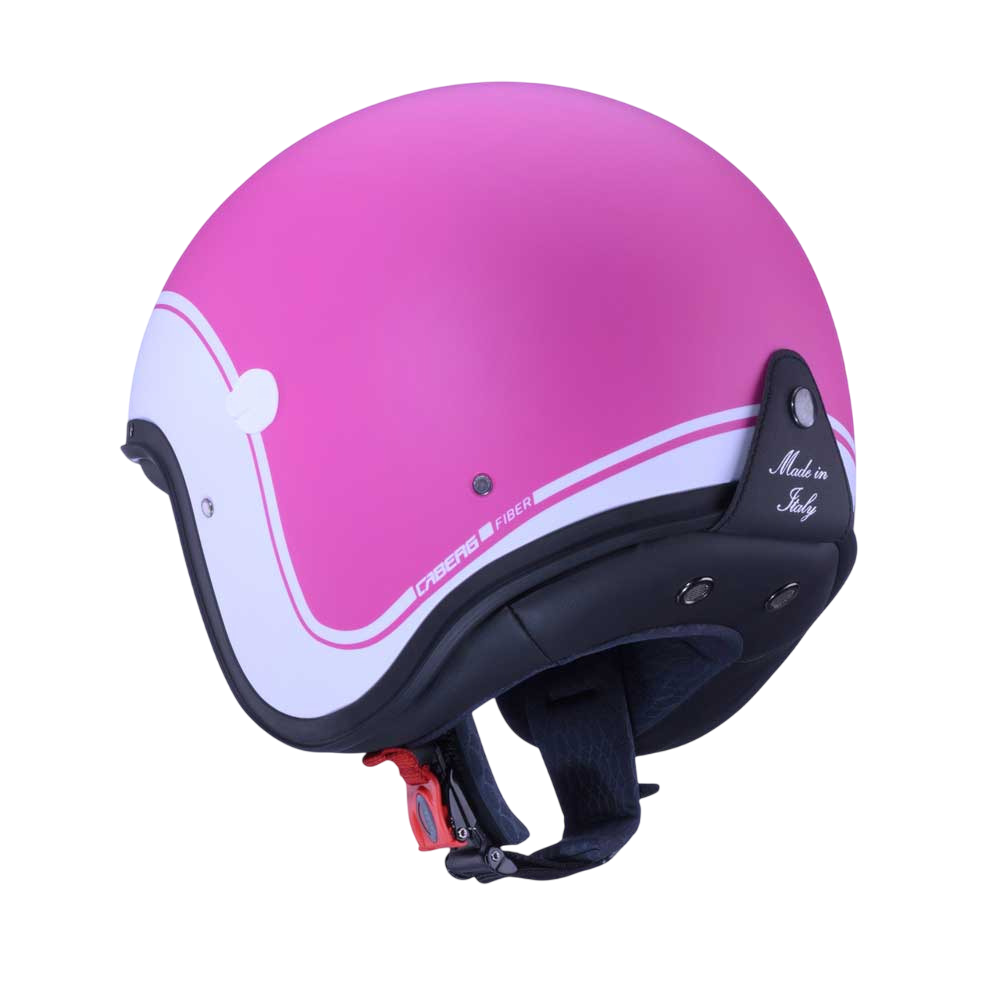 back of matte pink and white open face motorbike helmet with made in italy tag