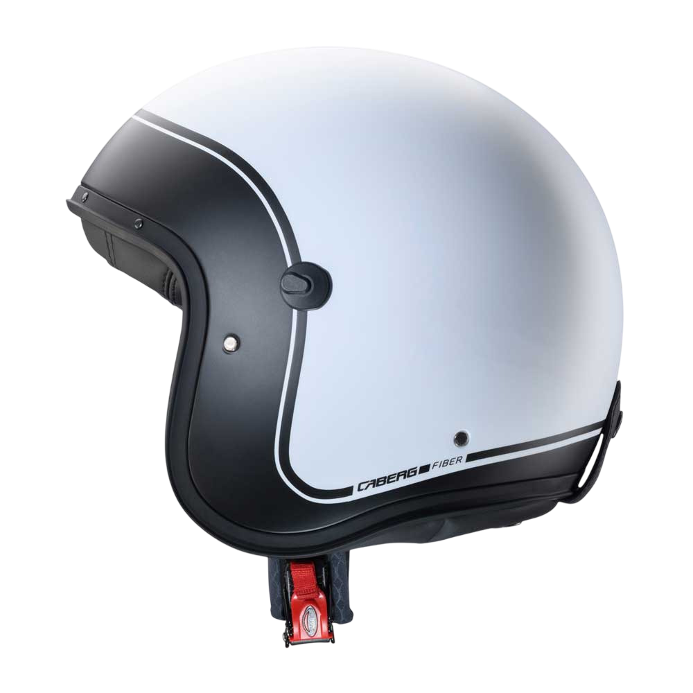 side of matte white motorbike helmet with black border design around the edge
