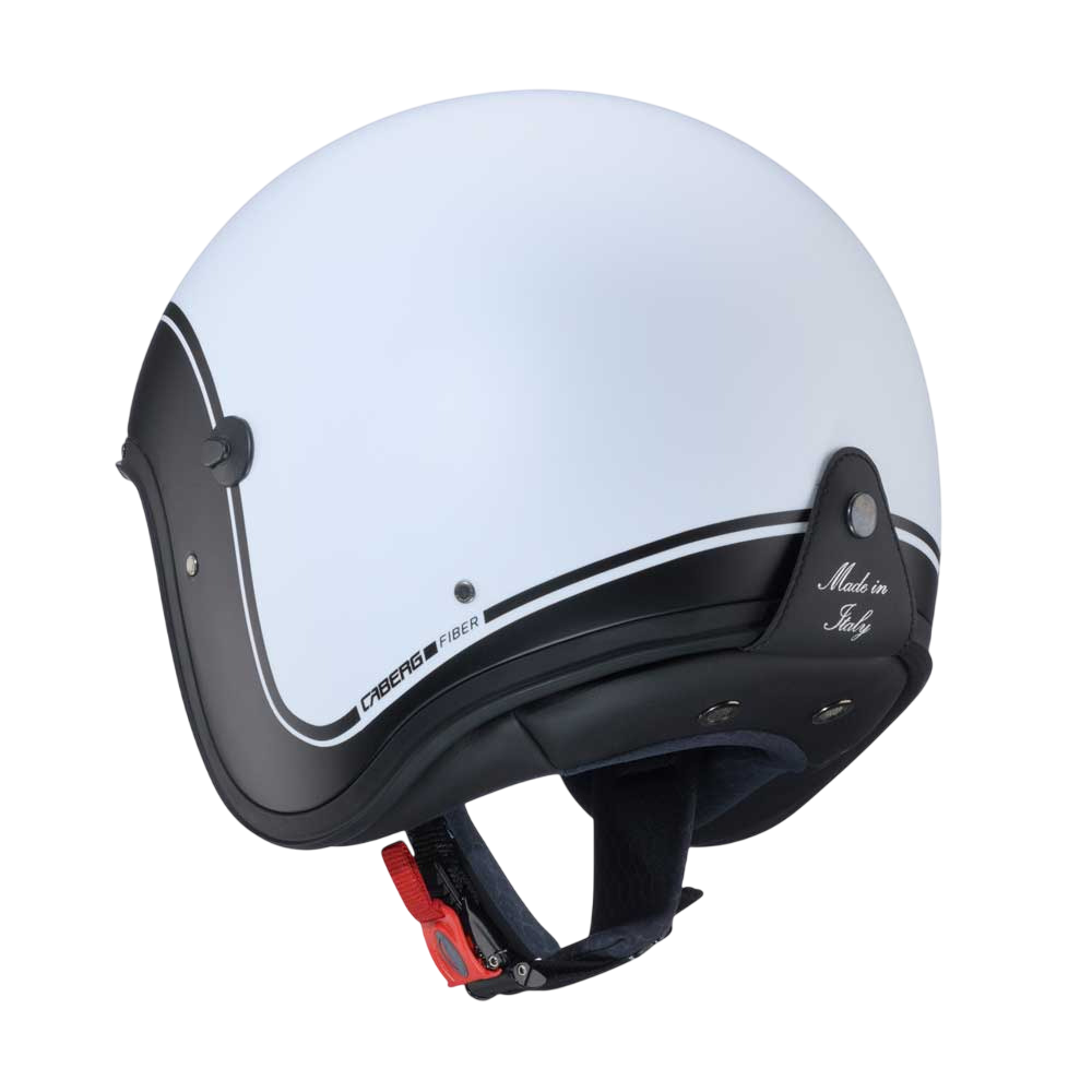 back of black and white matte open face helmet with made in italy tag