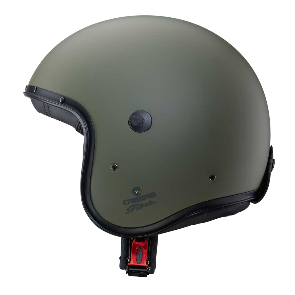 side of matte green open face motorbike helmet with black details