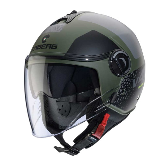 Green and black motorcycle helmet with clear visor on a white background