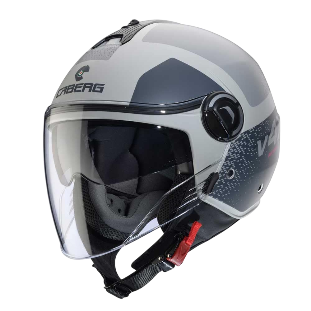Gray motorcycle helmet with clear visor on a white background