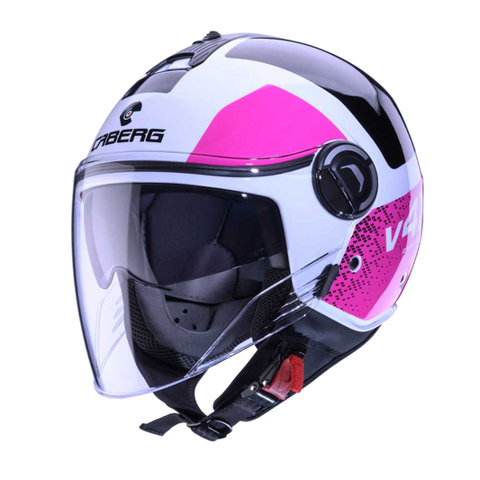 White Caberg Riviera V4X open face motorcycle helmet with bold fuchsia pink graphic design reliable protection for urban riders.