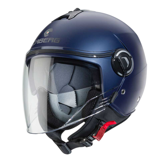 Blue motorcycle helmet with clear visor on a white background