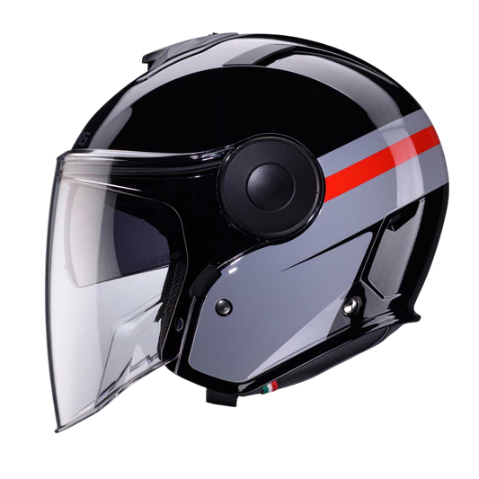side of black and grey open face motorcycle helmet for men and women