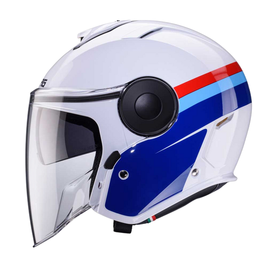 side view of white open face helmet with red and blue stripe pattern and clear sun visor