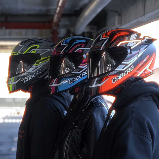 three bikers wearing avalon x caberg helmets in different colours