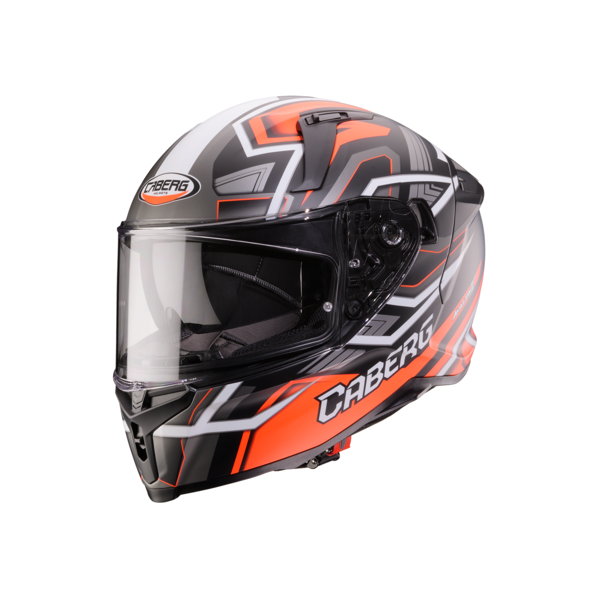 Caberg motorcycle helmet with orange and black design on a white background