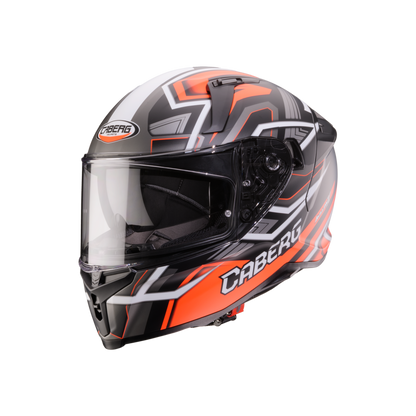 Caberg motorcycle helmet with orange and black design on a white background