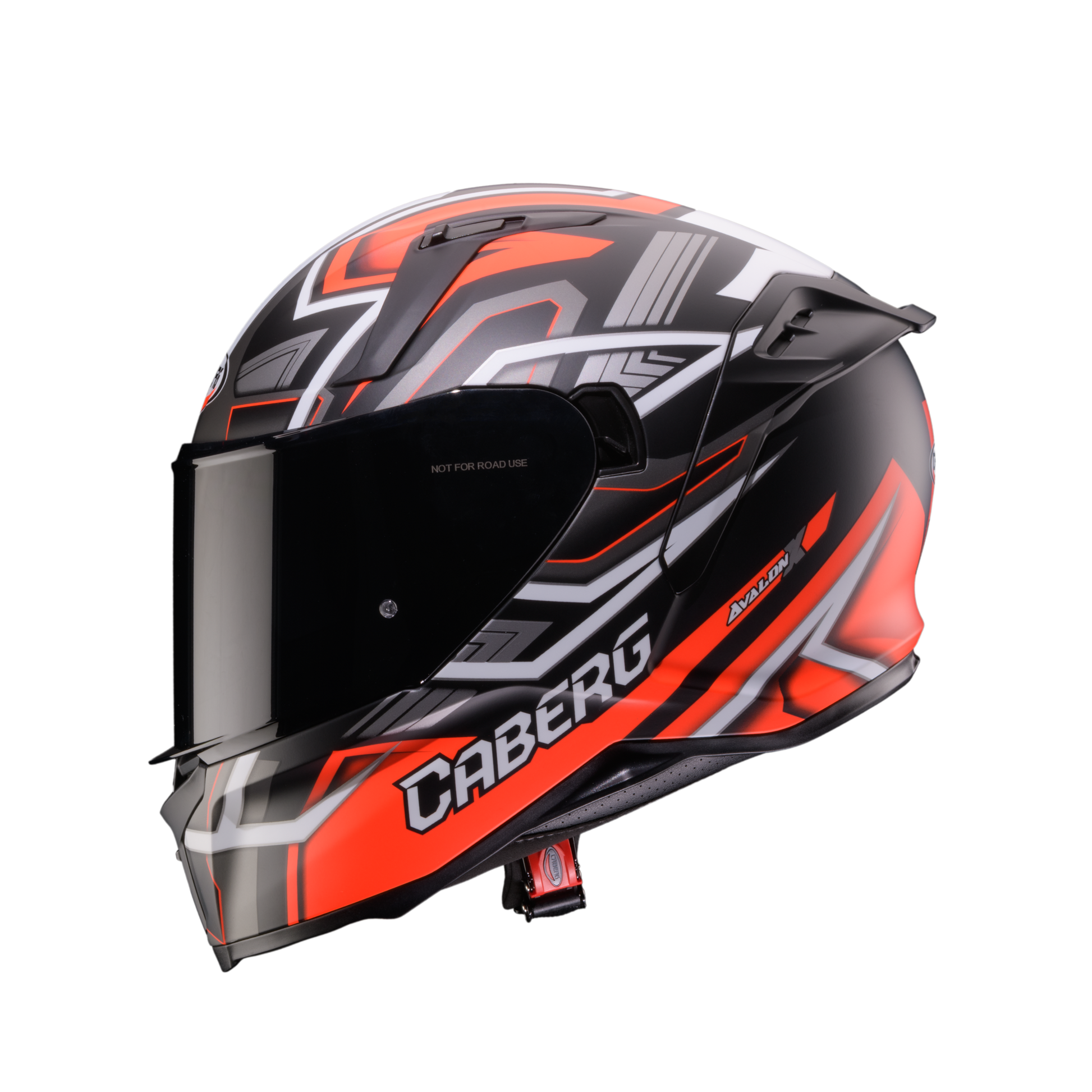 Full face Motorcycle helmet with orange and black design with a tinted visor on a white background