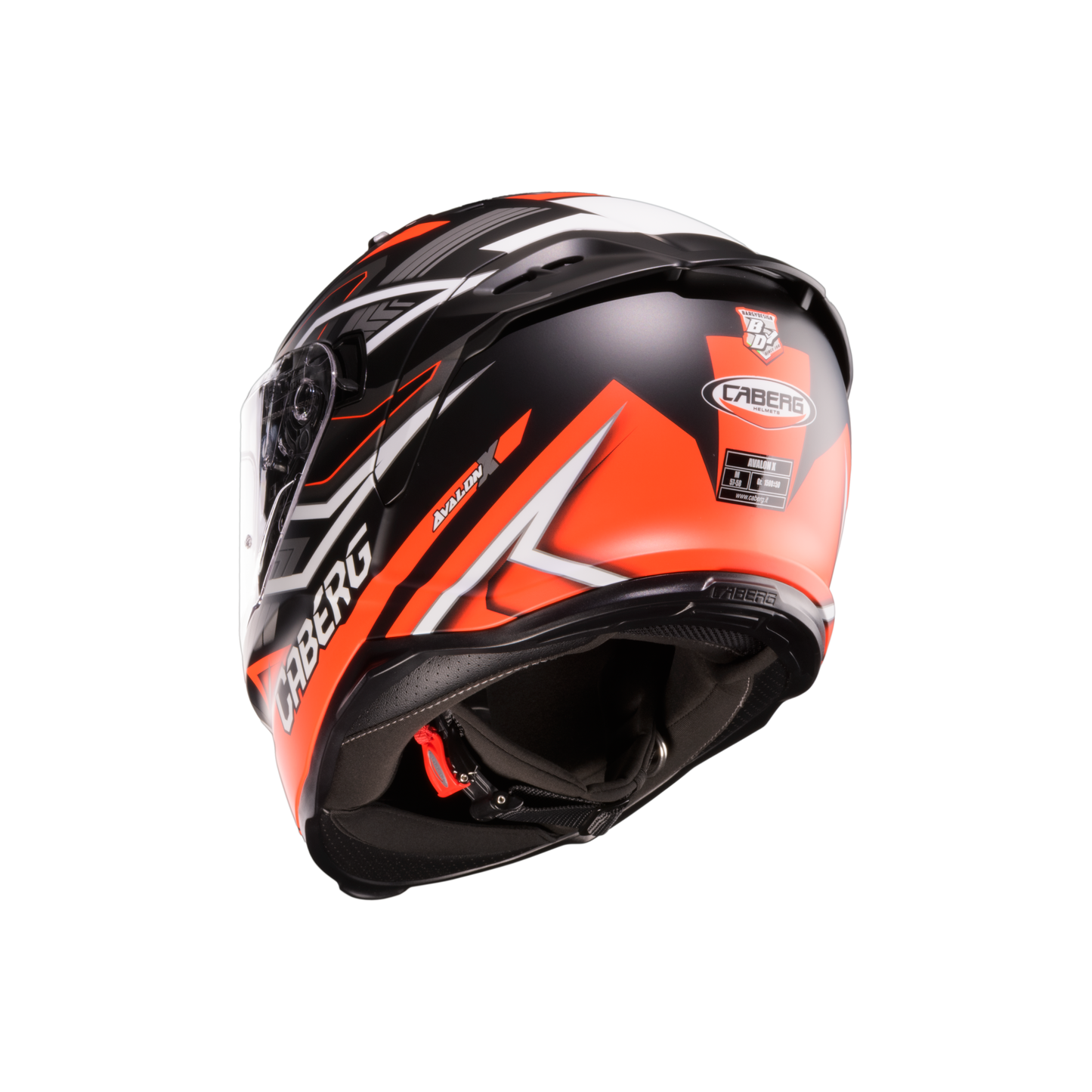 back of orange and black full face helmet with caberg logo